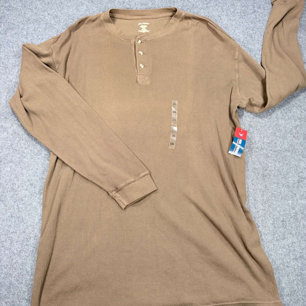 Reel Legends Mens XXL Brown Long Sleeve Henley Shirt 100% Cotton Ribbed Knit NEW